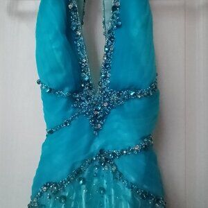 Vintage Y2K Tiffany Designs Size 4 Teal Bedazzled Backless Halter Prom Dress